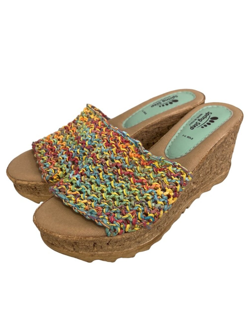 Spring Step Sandals Size 38 Italian Woven Slide Wedge Multicolor Strap Cork Boho